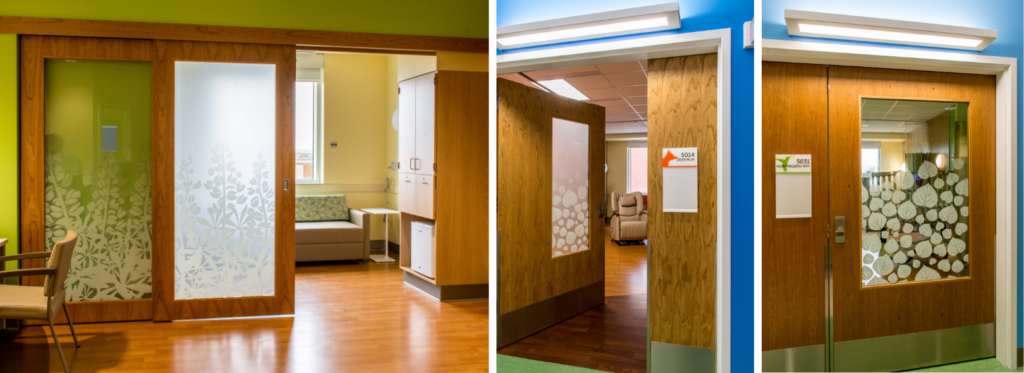 Example of biophilic artwork in healthcare. Leaf patterned window film on patient room doors for privacy.