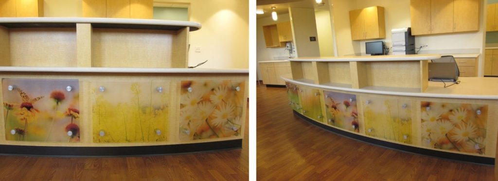 Decorative Acrylic Wall Panels on Check In Desk at Infusion Suite